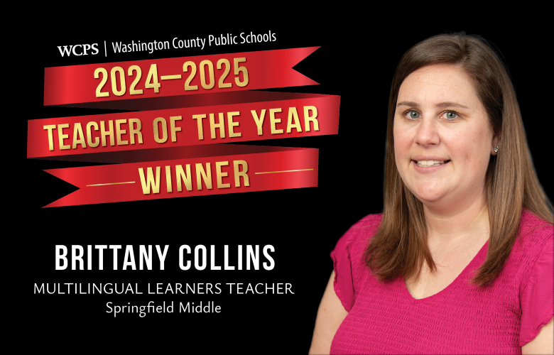 a portrait and graphic name Brittany Collins WCPS teacher of the year