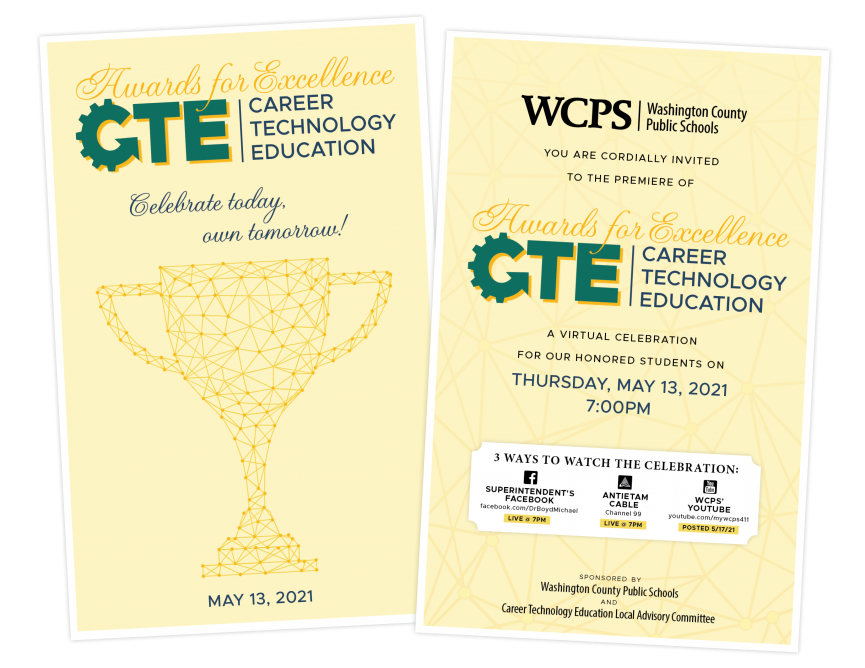 an invitation with details for the CTE Awards - 7:00pm on May 13, 2021