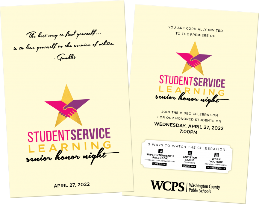 a digital invitation reads 2022 Student Service Learning Senior Honor Night April 27 2022 7pm