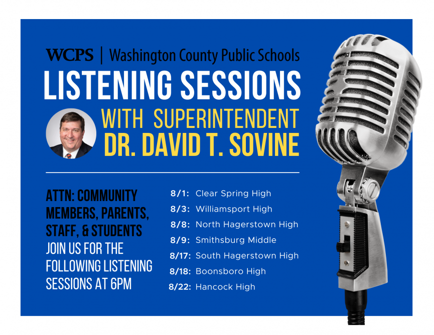 a graphic shows dates for superintendent listening sessions