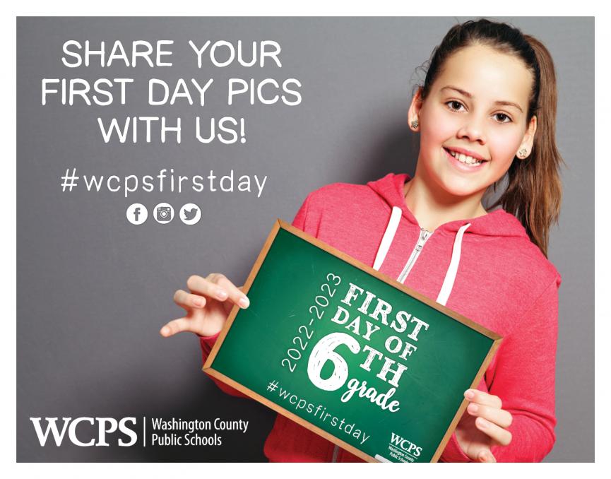 a girl stands with a printable sign that reads first day of 6th grade