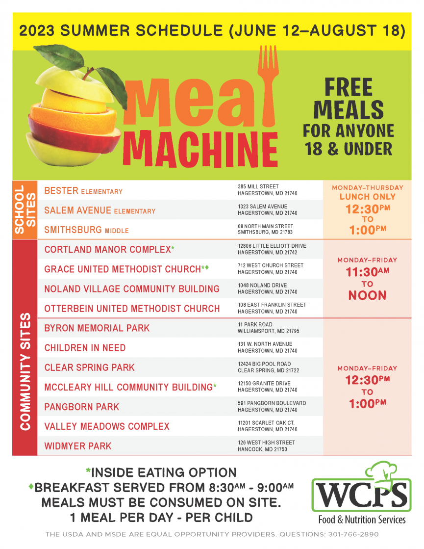 a chart shows food locations for summer meals call 301 766 2890 with questions