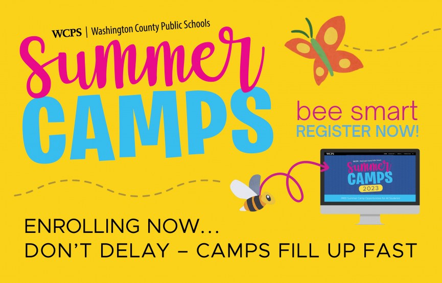 a graphic reads summer camps enroll now