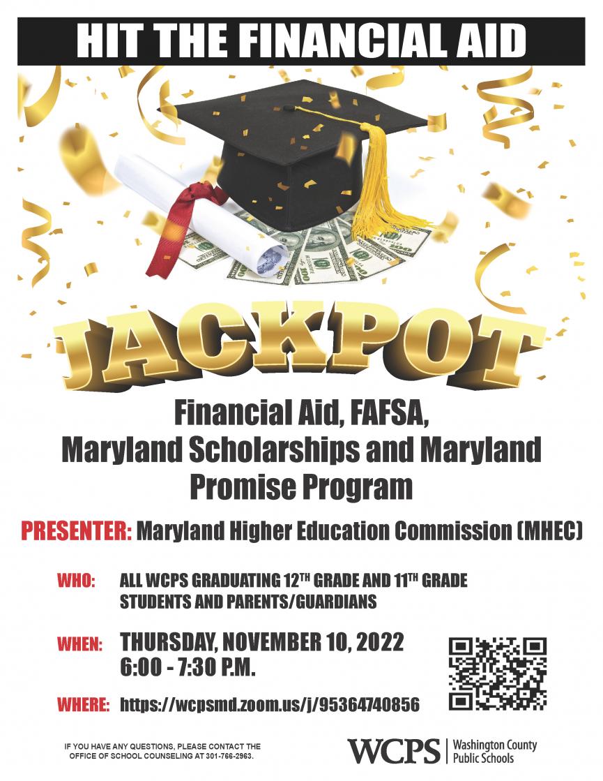 A graphic shows information about financial aid info night November 10 at 6pm