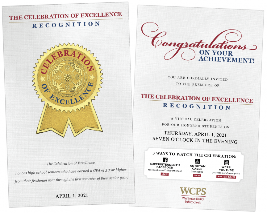 an invitation with details for the celebration of excellence recognition