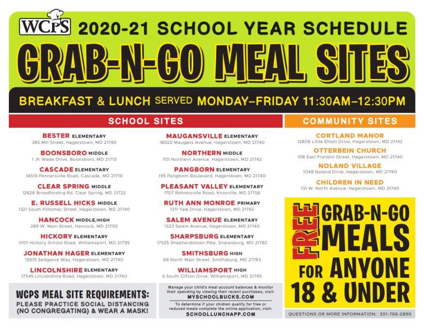 A graphic displaying WCPS meal sites for 2020-2021