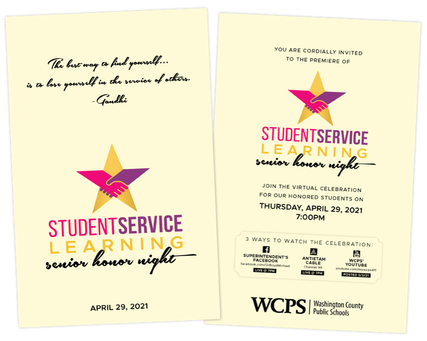 A program cover indicates the Student Service Learning honors recognition occurs on April 29 at 7PM